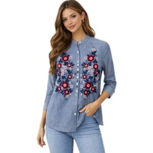 Lucky Brand Embroidered Floral Blue and White Pinstripe Button Down Shirt Size S